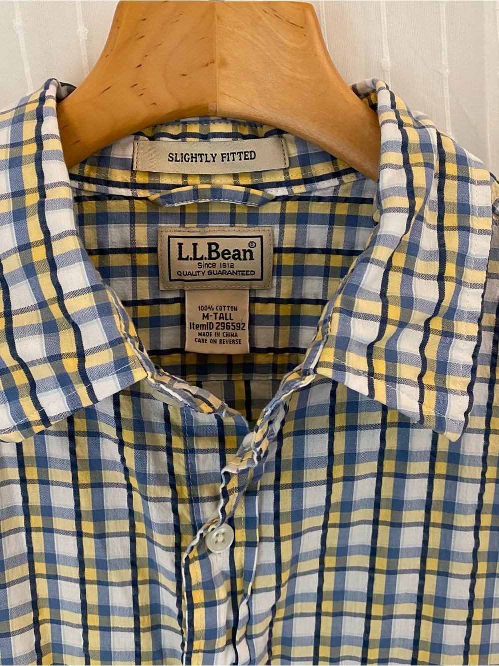 L.L. Bean Short Sleeve Mens XL Tall Slight Fitted Seersucker Yellow Blue Plaid
